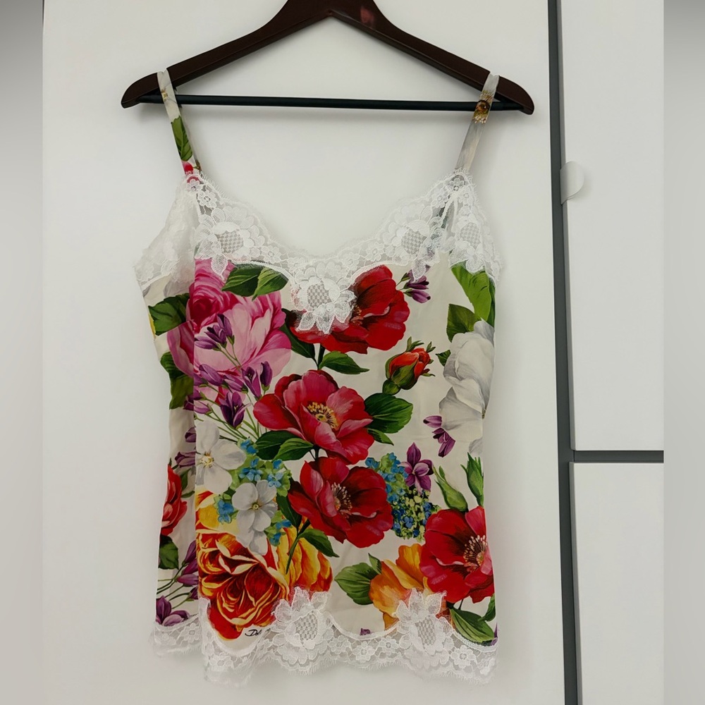 Dolce & Gabbana Floral Lace-Trim Silk Camisole in White, Red, Pink & Green